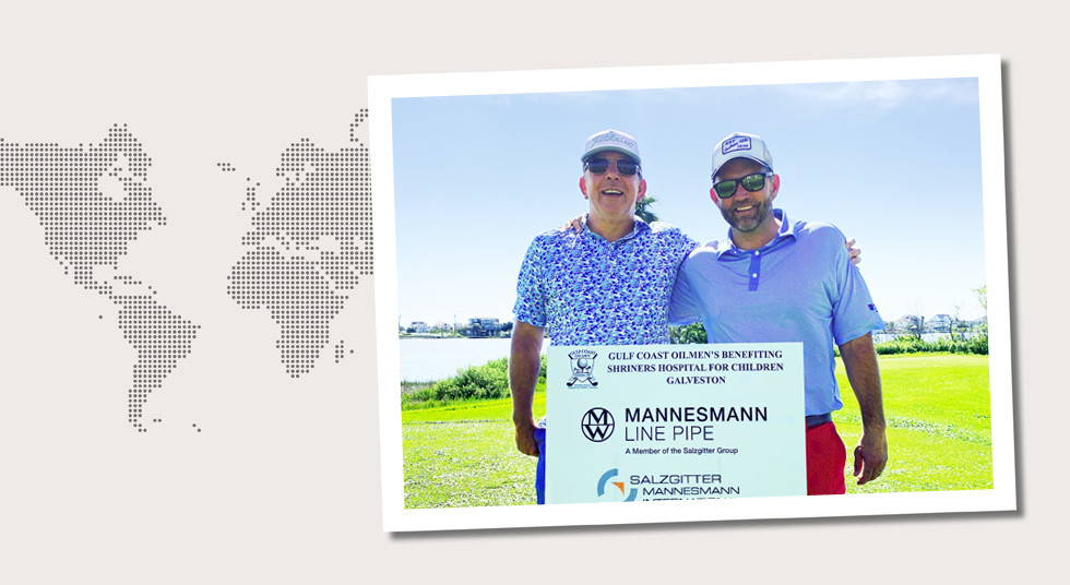 5. USA Michael Kosfeld und Brandon Mitchell, President Weiler Pipe, Houston, bei einem Golfturnier zugunsten des Shriners Hospital for Children in Galveston im Mai 2022.