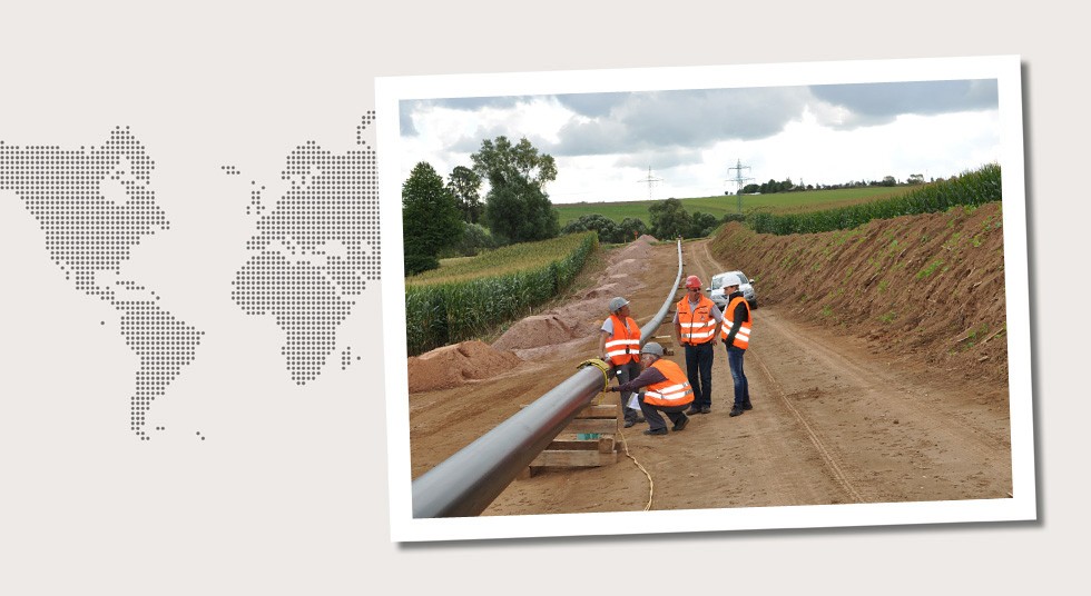1. Germany Kerstin Becker, Mannesmman Line Pipe, and Tino Flach (2nd from right), Bauunternehmen Markgraf, witness the girth weld inspection on a brine pipeline.